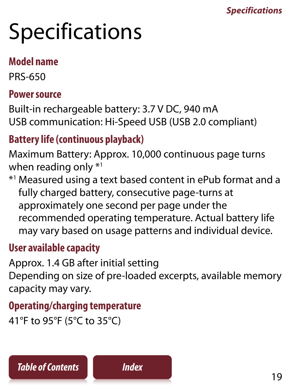 Specifications, Ange | Sony READER TOUCH EDITION PRS-650 User Manual | Page 19 / 139