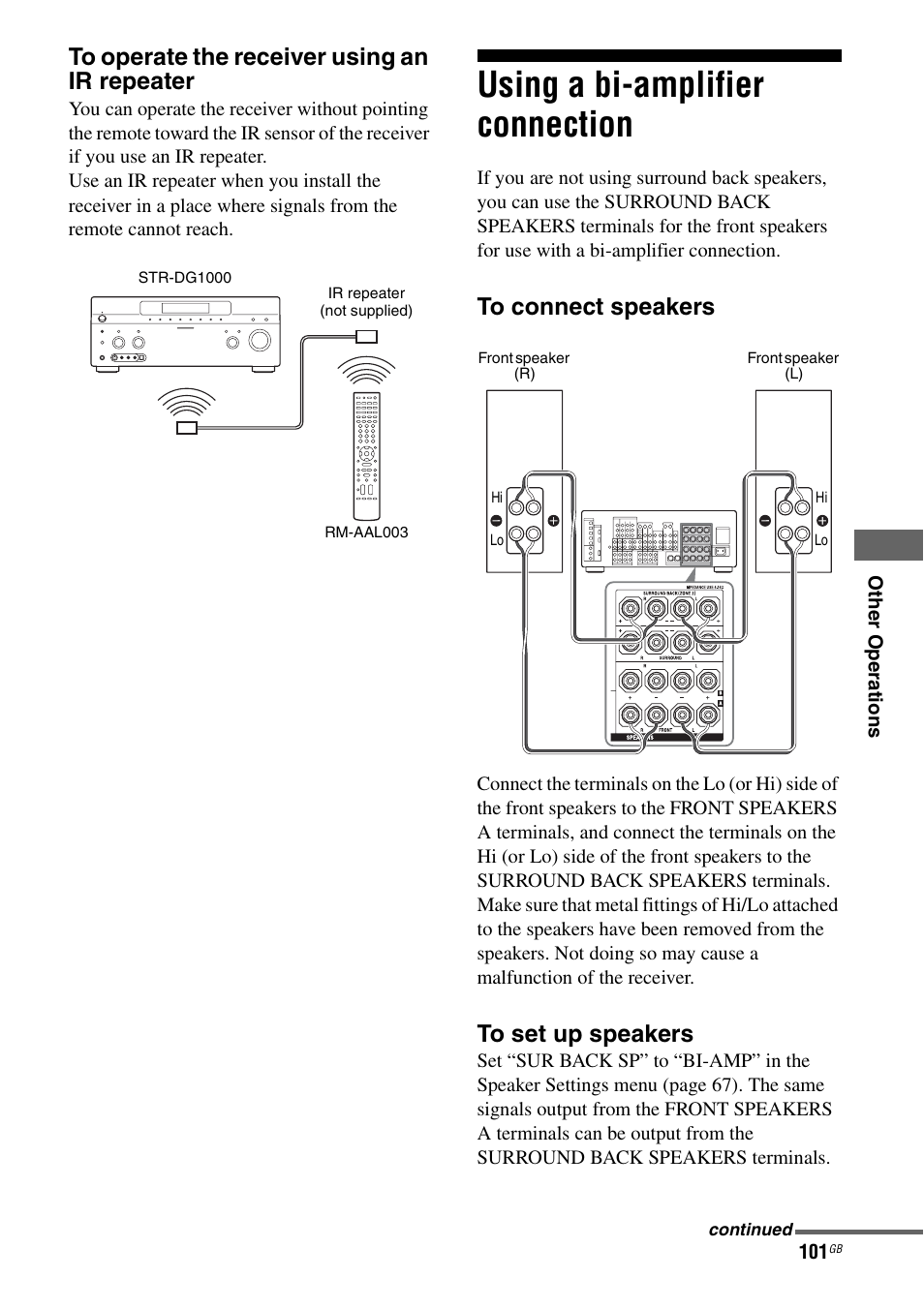 Using a bi-amplifier connection | Sony STR-DG1000 User Manual | Page 101 / 123