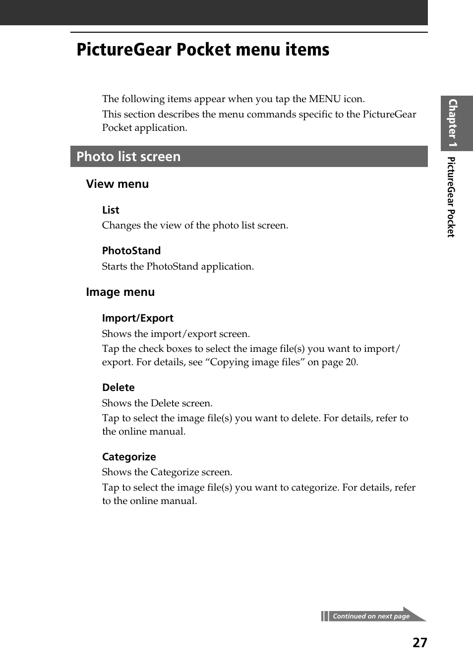 Picturegear pocket menu items, Photo list screen | Sony PEG-T615C User Manual | Page 27 / 104