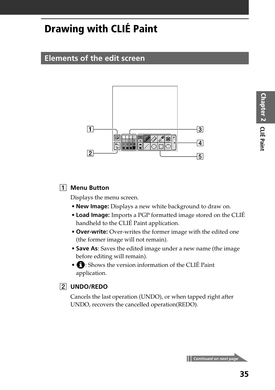 Drawing with clié paint, Elements of the edit screen | Sony PEG-T615C User Manual | Page 35 / 104