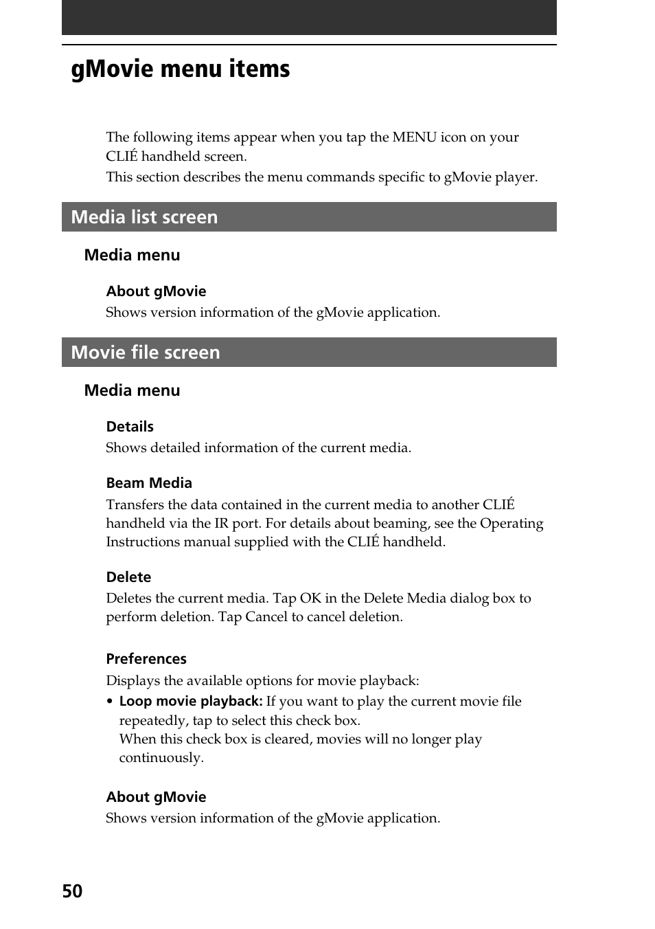 Gmovie menu items, Media list screen, Movie file screen | Media list screen movie file screen | Sony PEG-T615C User Manual | Page 50 / 104