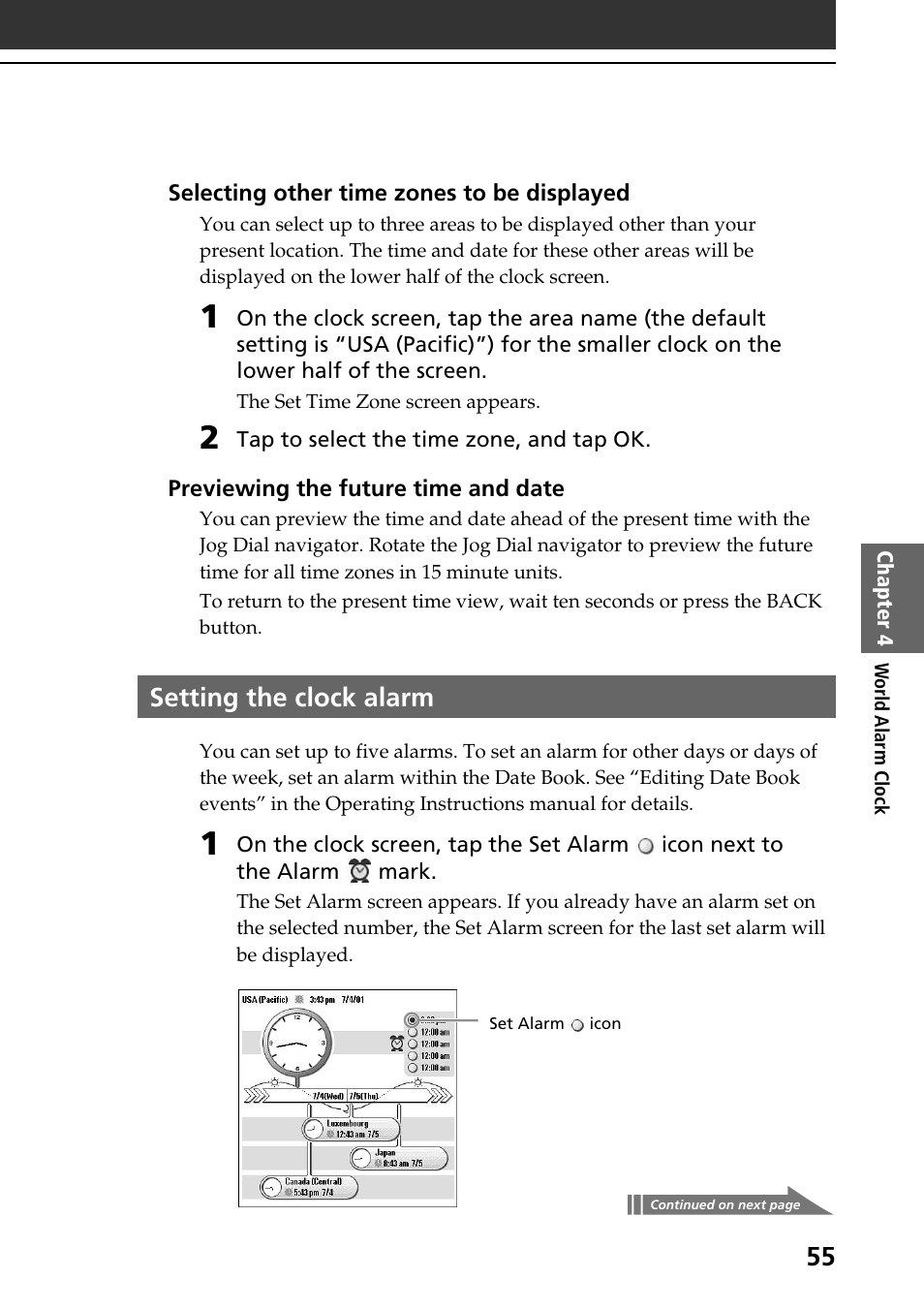 Setting the clock alarm | Sony PEG-T615C User Manual | Page 55 / 104