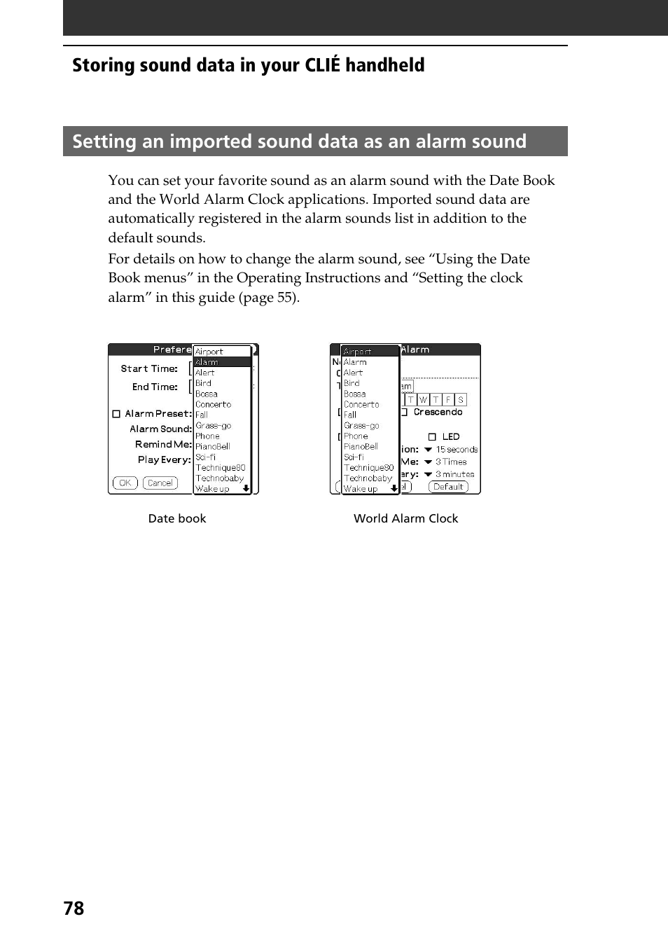 Setting an imported sound data as an alarm sound | Sony PEG-T615C User Manual | Page 78 / 104