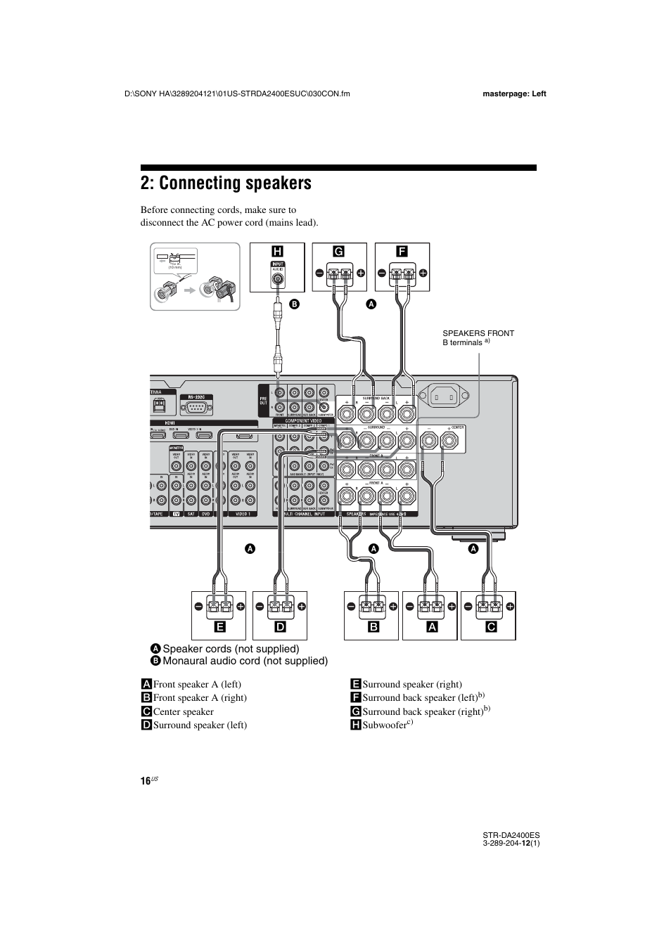 Connecting speakers | Sony 3-289-204-12(1) User Manual | Page 16 / 140