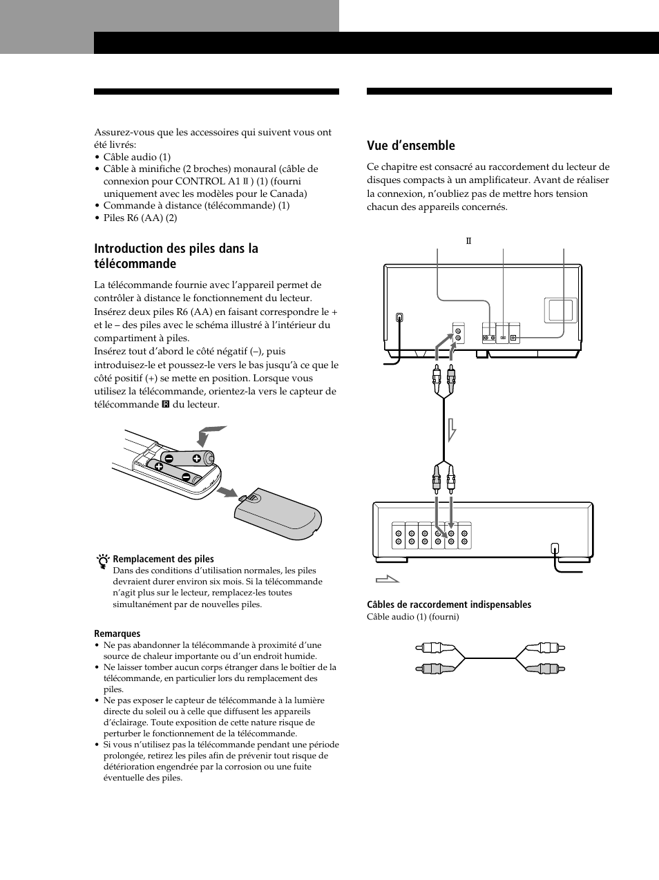 Raccordement du système, Déballage, Préparation | Vue d’ensemble, Introduction des piles dans la télécommande | Sony CDP-CX235 User Manual | Page 30 / 104