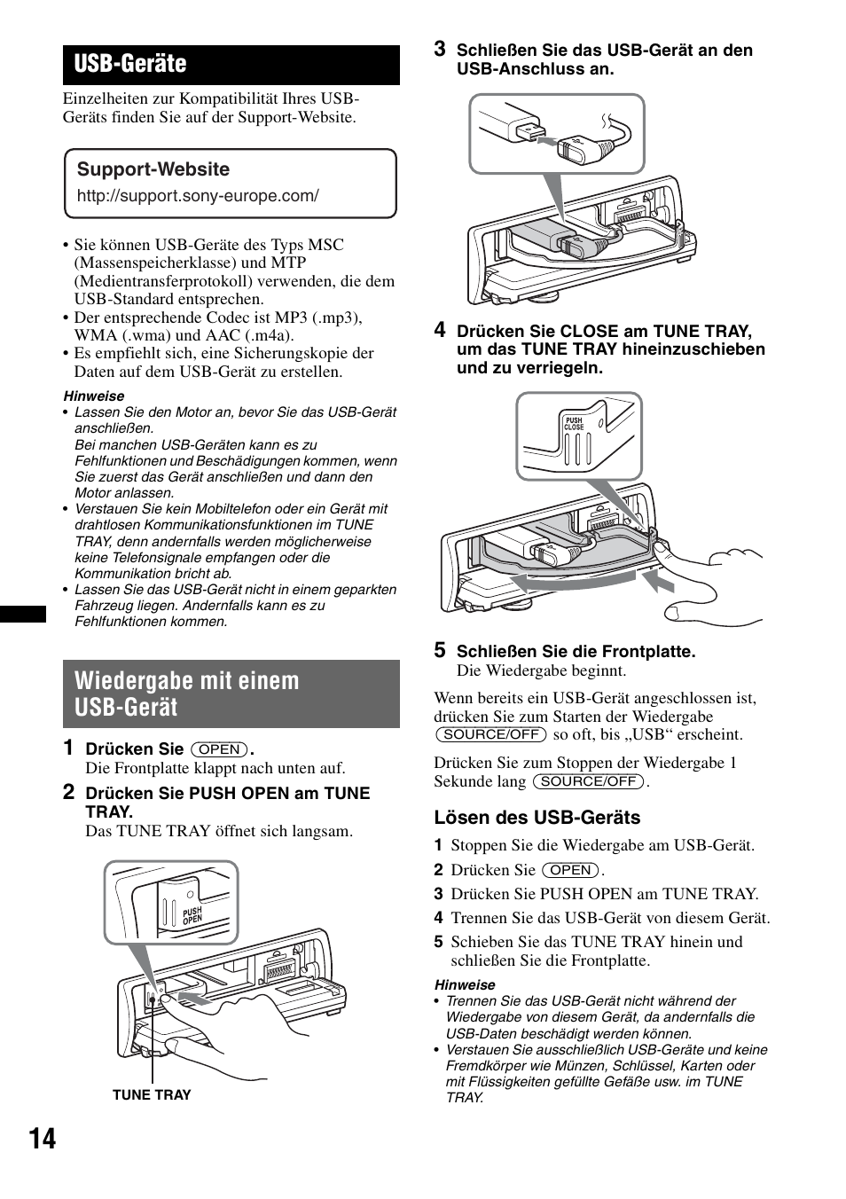 Usb-geräte, Wiedergabe mit einem usb-gerät, Seite 14 | Sony DSX-S100 User Manual | Page 38 / 132