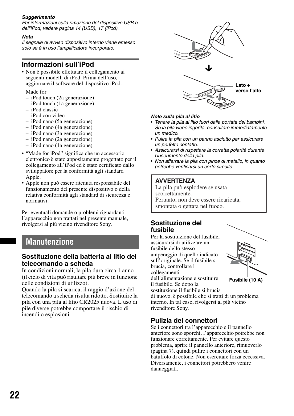 Informazioni sull’ipod, Manutenzione | Sony DSX-S100 User Manual | Page 98 / 132