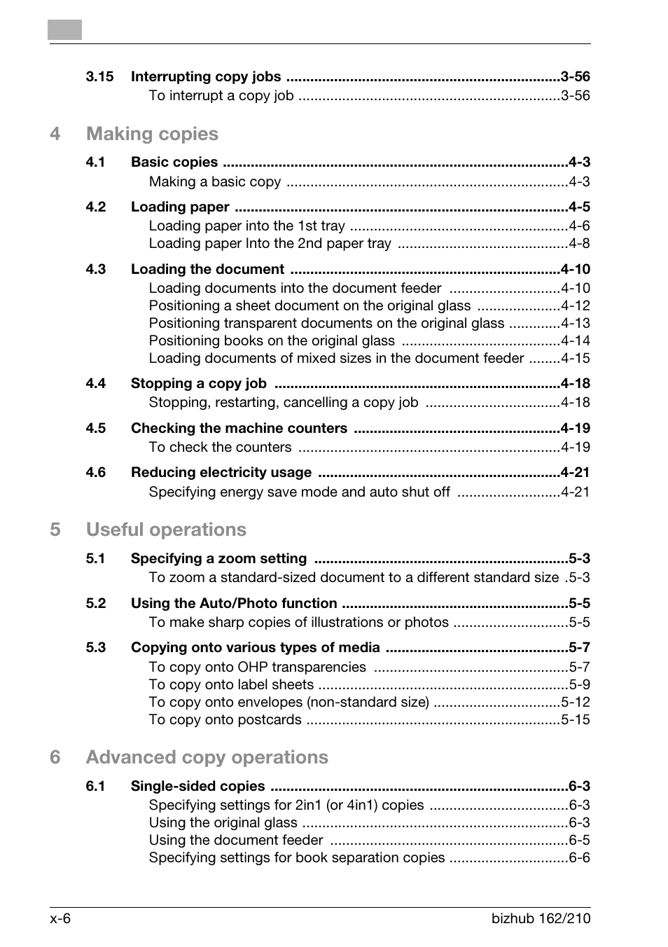 4making copies, 5useful operations, 6advanced copy operations | Konica Minolta BIZHUB 210 User Manual | Page 8 / 256