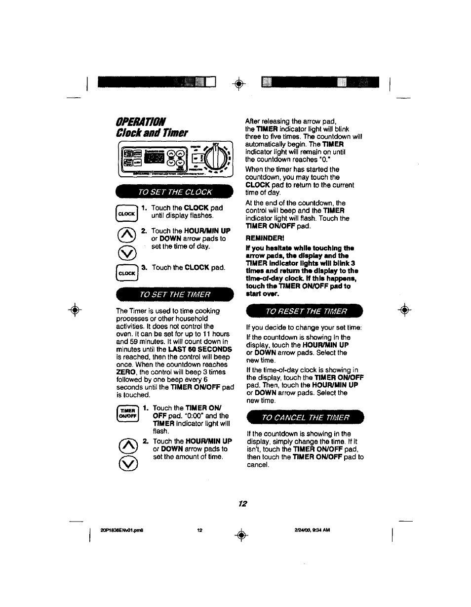 Operárm, Clock anü timer | Kenmore 911.93508 User Manual | Page 12 / 34