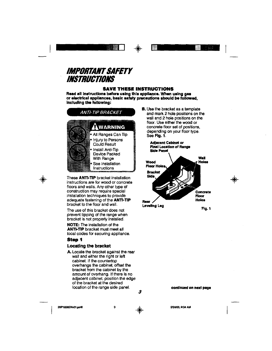 Locating the bracket, Impomaht safety, Anti-tip bracket | Kenmore 911.93508 User Manual | Page 3 / 34