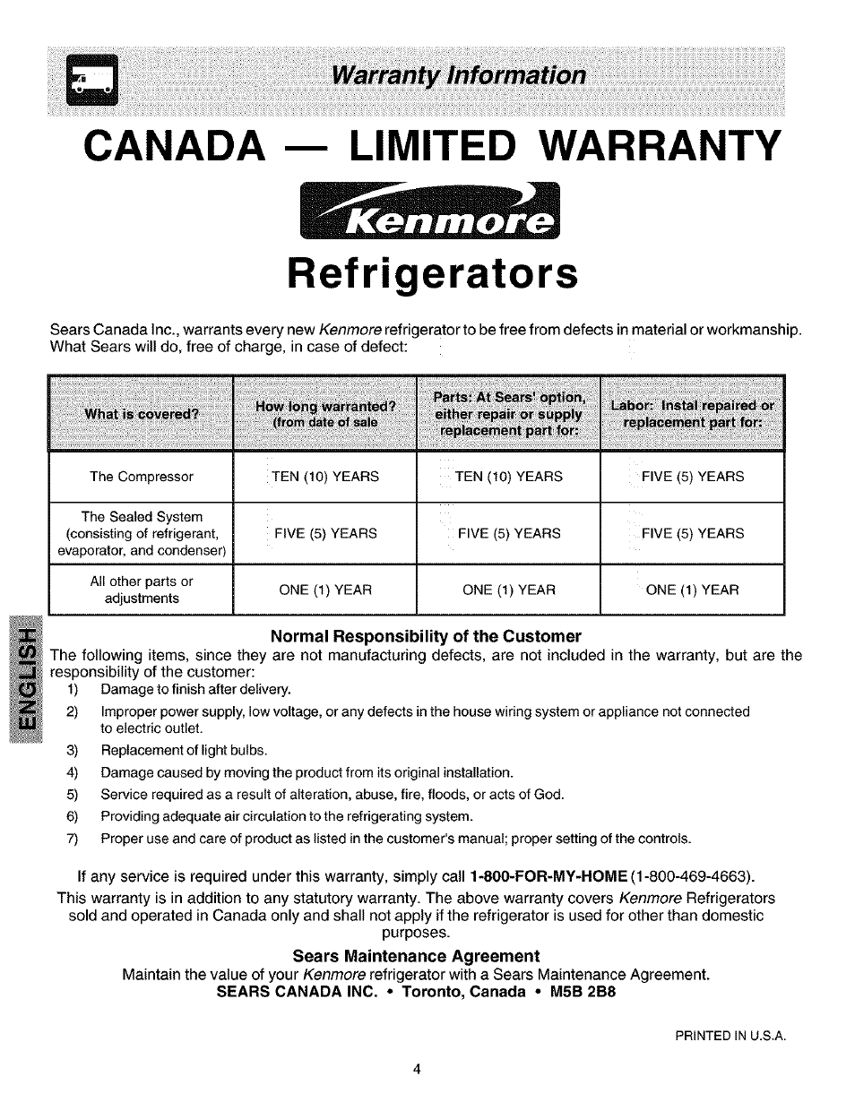 Sears maintenance agreement, Canada, Limited warranty | Refrigerators, Ken more, Warranty information | Kenmore 25351399106 User Manual | Page 4 / 25
