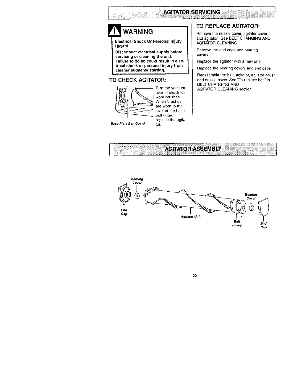 Agitator servigina, Warning, Agitator servicing | Kenmore 116.31722 User Manual | Page 22 / 24