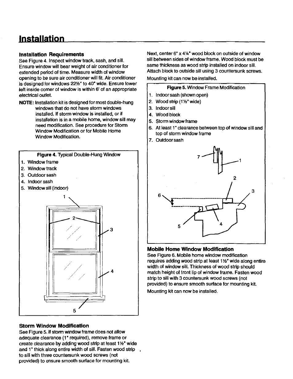 Installation requirements, Mobile home window modification, Storm window modification | Installation | Kenmore 70089 User Manual | Page 8 / 28