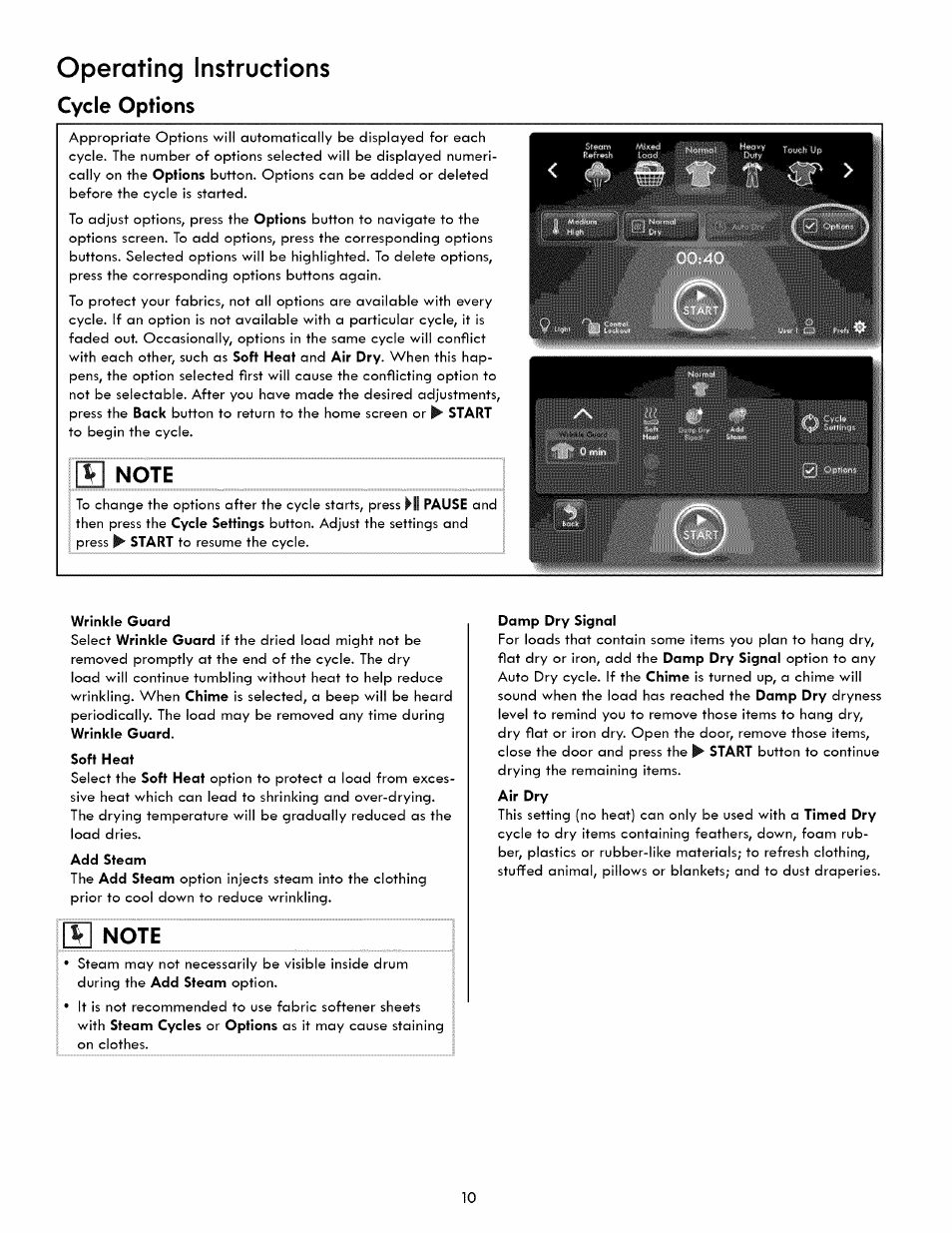 Cycle options, E note, V note | Operating instructions | Kenmore 417.8413 User Manual | Page 10 / 20