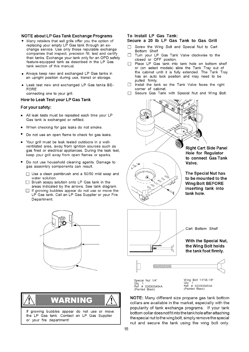 Note about lp gas tank exchange programs, To install lp gas tank | Kenmore 141.16322 User Manual | Page 18 / 28