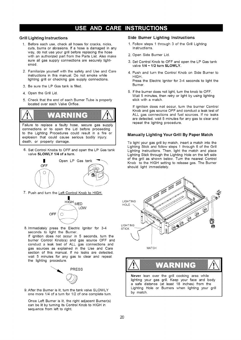 Grill lighting instructions, Side burner lighting instructions, Manually lighting your grill by paper match | Warning, Use and care instructions | Kenmore 141.16322 User Manual | Page 20 / 28