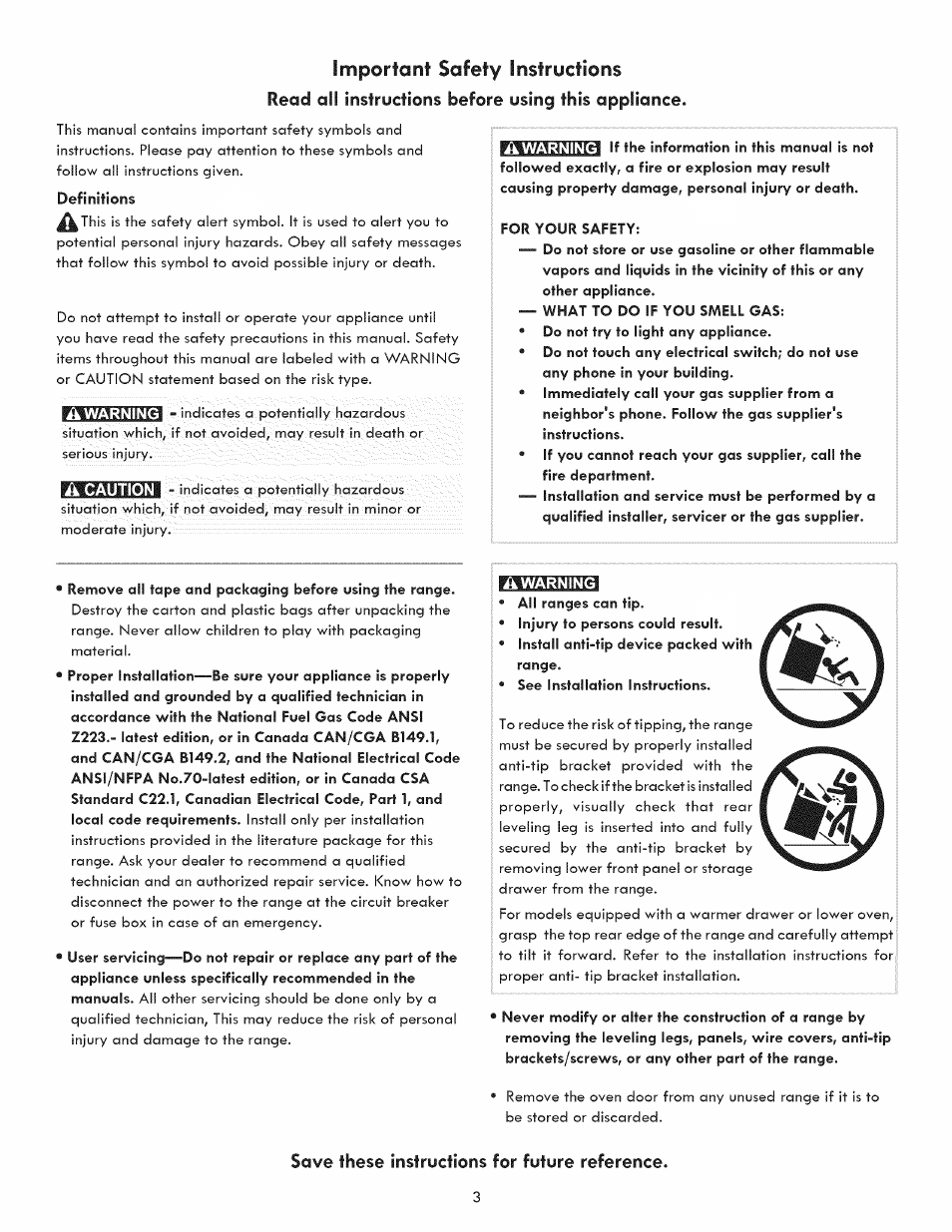 Important safety instructions, Read ail instructions before using this appliance, A warning | Save these instructions for future reference, Important, Safety instructions -6 | Kenmore 790.7050 User Manual | Page 3 / 22