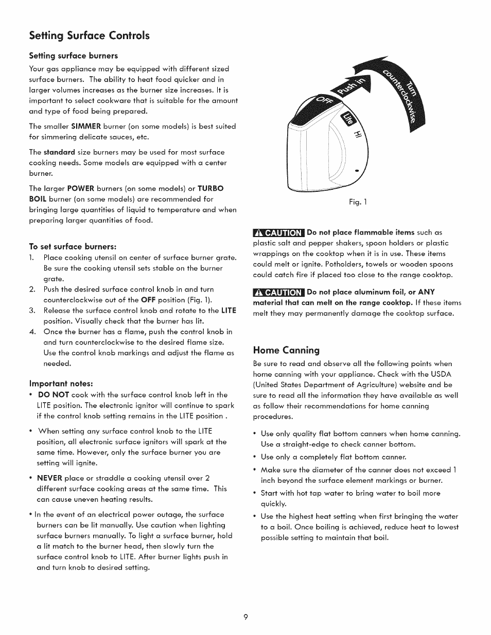 Setting surface burners, To set surface burners, Important notes | Home canning, Setting surface controls | Kenmore 790.7050 User Manual | Page 9 / 22