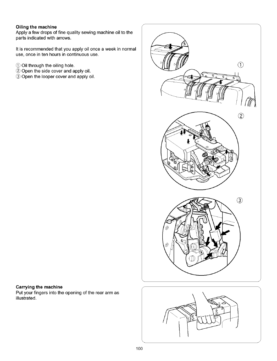 Oiling the machine, Carrying the machine | Kenmore 385.166551 User Manual | Page 108 / 113