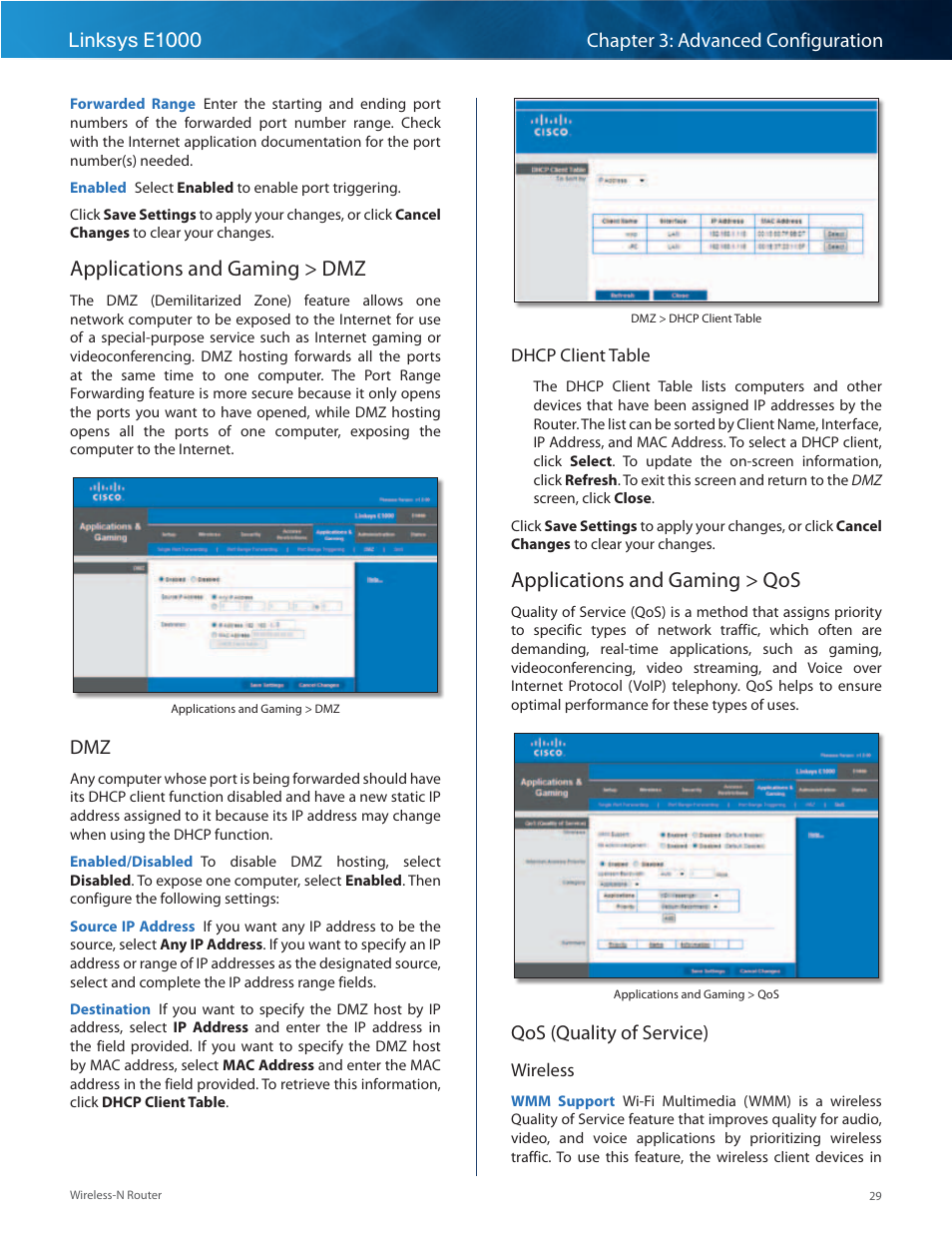 Applications and gaming > dmz, Applications and gaming > qos, Qos (quality of service) | Linksys E1000 User Manual | Page 32 / 60