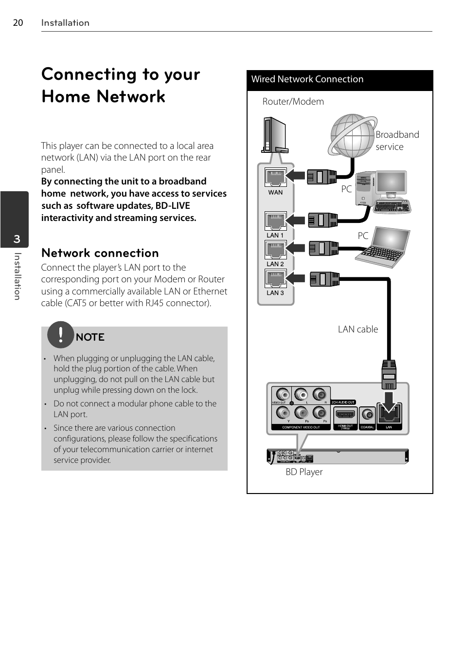 Connecting to your home network, Network connection | LG BD678N User Manual | Page 20 / 72