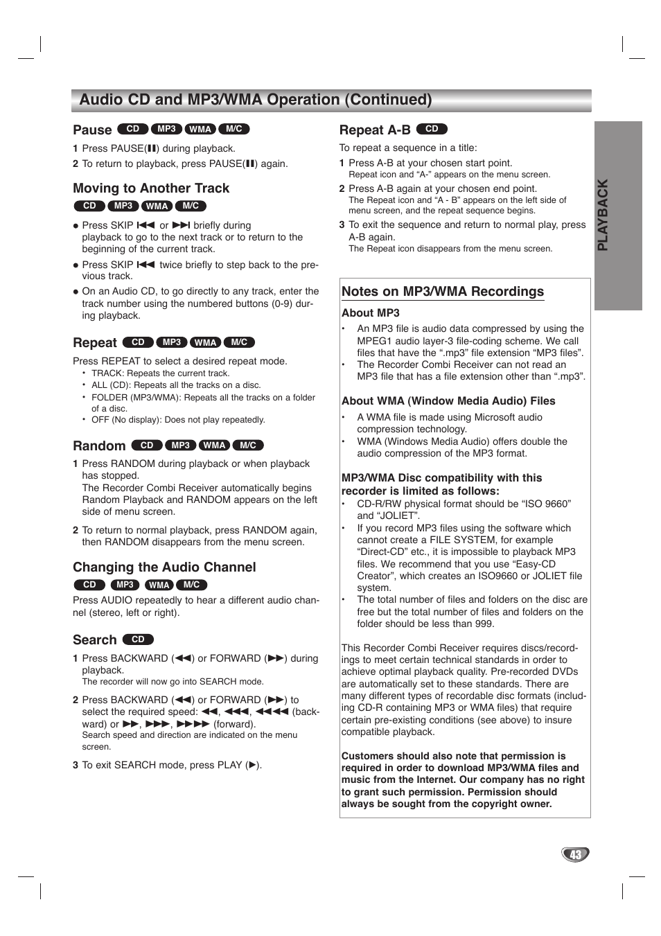 Audio cd and mp3/wma operation (continued), Pla yback, Pause | Moving to another track, Repeat, Random, Changing the audio channel, Search, Repeat a-b | LG LHY-518 User Manual | Page 43 / 75