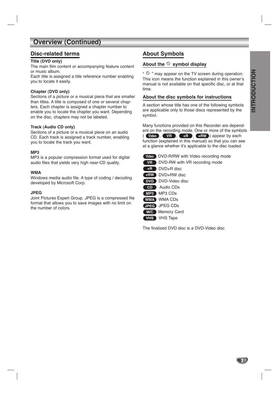 Overview (continued), Disc-related terms, About symbols | Introduction | LG LHY-518 User Manual | Page 7 / 75