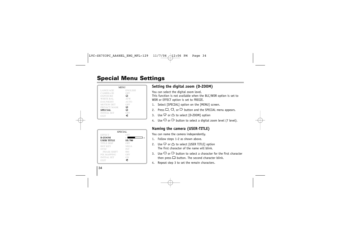 Special menu settings | LG LVC-SX703PB/OB/MB User Manual | Page 34 / 40
