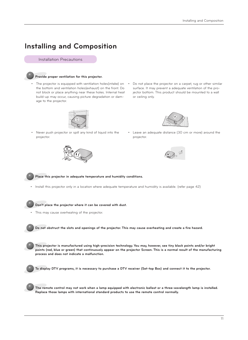 Installing and composition, Installation precautions | LG HX301G User Manual | Page 11 / 44