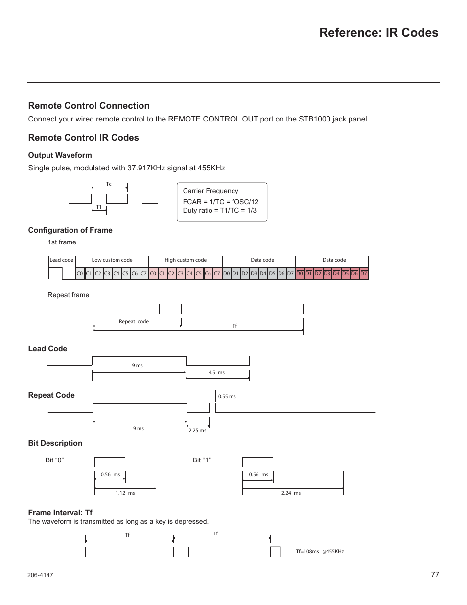 Reference: ir codes, Remote control connection, Remote control ir codes | LG STB1000 User Manual | Page 77 / 86