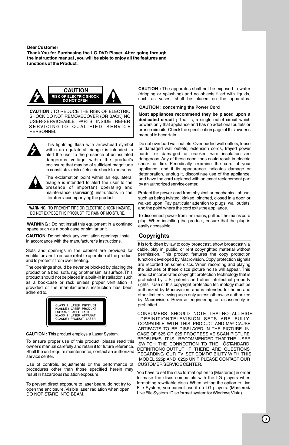 Copyrights, Caution | LG HT924SF User Manual | Page 3 / 24