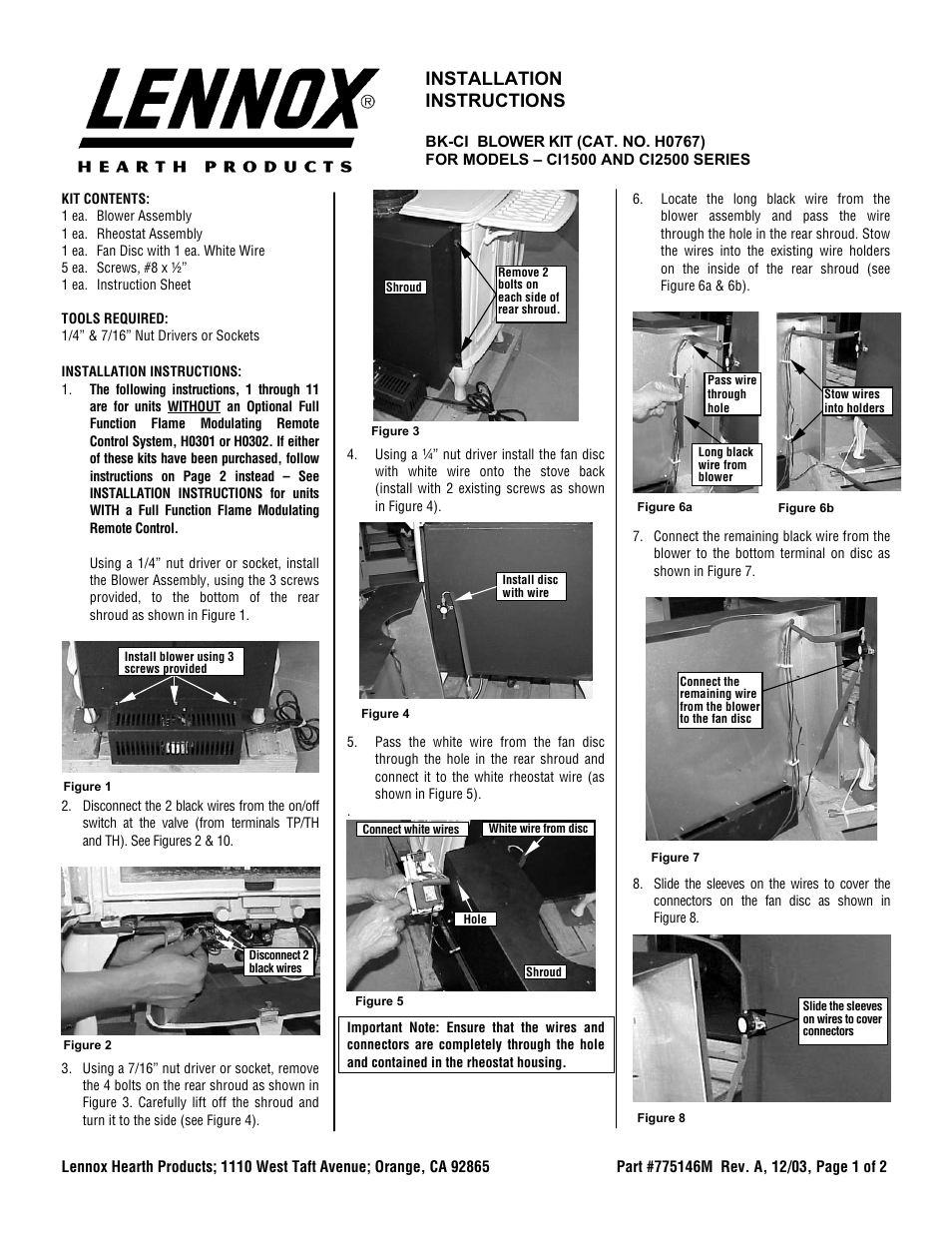 Lennox Hearth CI1500 User Manual | 2 pages