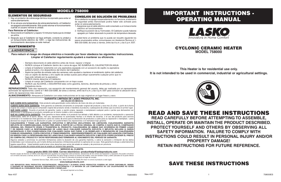 Lasko 758000 User Manual | 4 pages