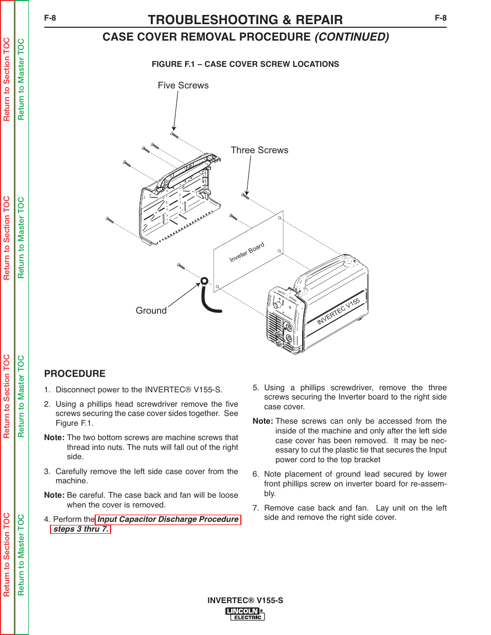 Troubleshooting & repair, Case cover removal procedure (continued) | Lincoln Electric V155-S User Manual | Page 40 / 78