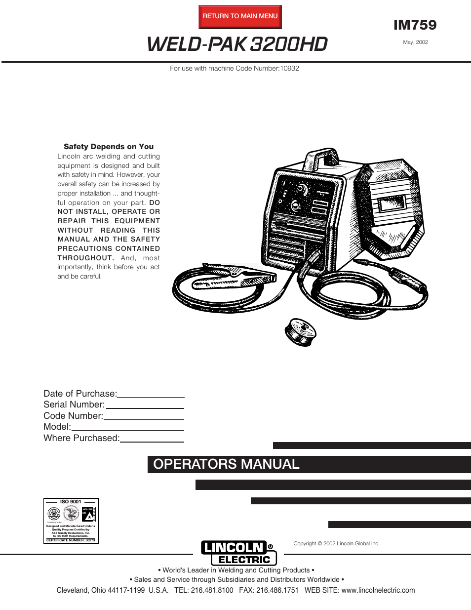 Lincoln Electric WELD-PAK 3200HD User Manual | 48 pages