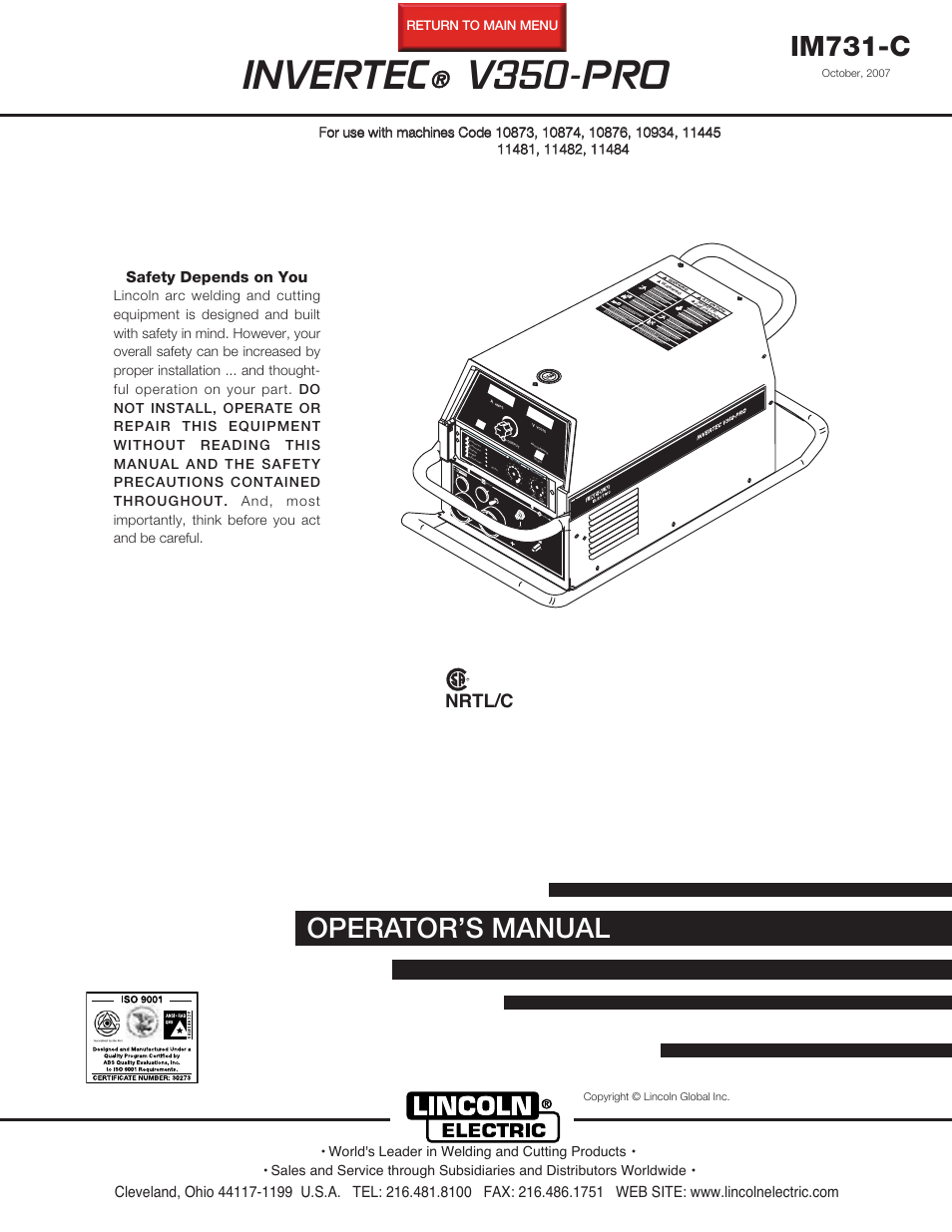 Lincoln Electric INVERTEC V350-PRO User Manual | 40 pages