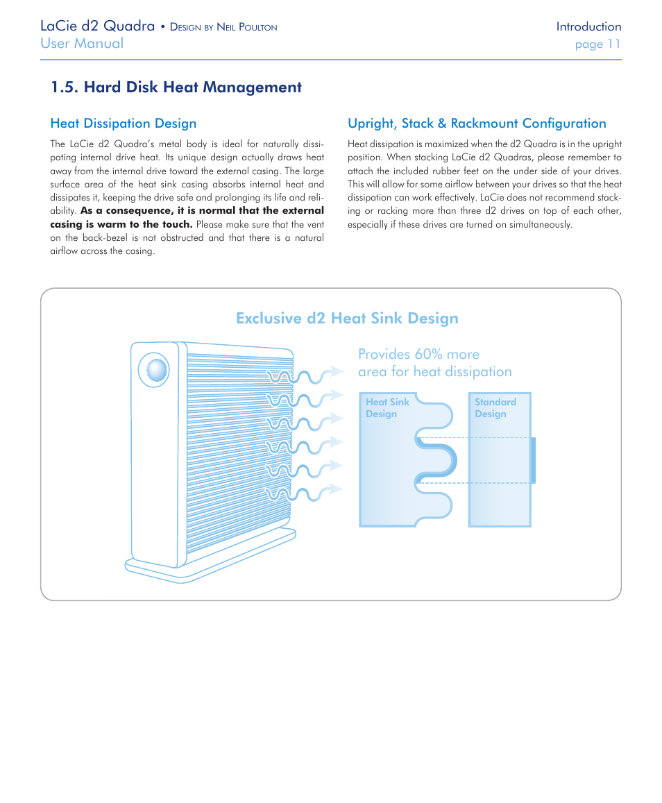 Hard disk heat management, Exclusive d2 heat sink design, Lacie d2 quadra | User manual, Provides 60% more area for heat dissipation | LaCie FireWire 800 User Manual | Page 11 / 40
