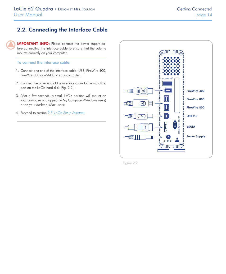 Connecting the interface cable, Lacie d2 quadra, User manual | LaCie FireWire 800 User Manual | Page 14 / 40