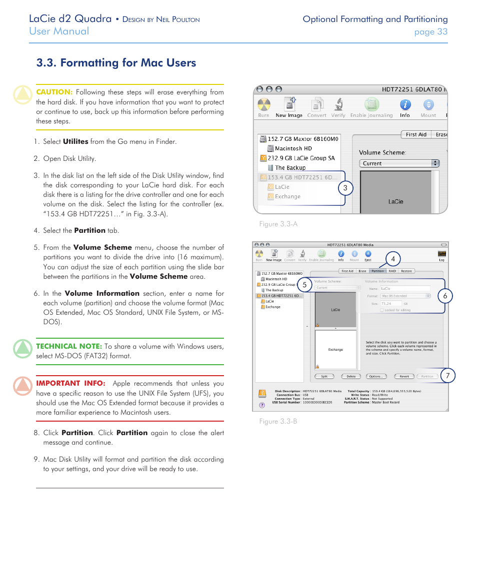 Formatting for mac users, Formatting, For mac users | For further information on mac os x lion and, Lacie d2 quadra, User manual | LaCie FireWire 800 User Manual | Page 33 / 40