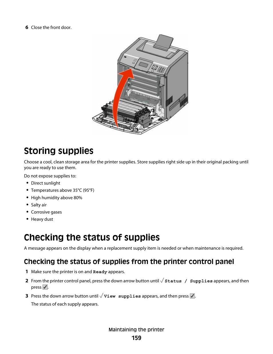 Storing supplies, Checking the status of supplies | Lexmark 280 User Manual | Page 159 / 217