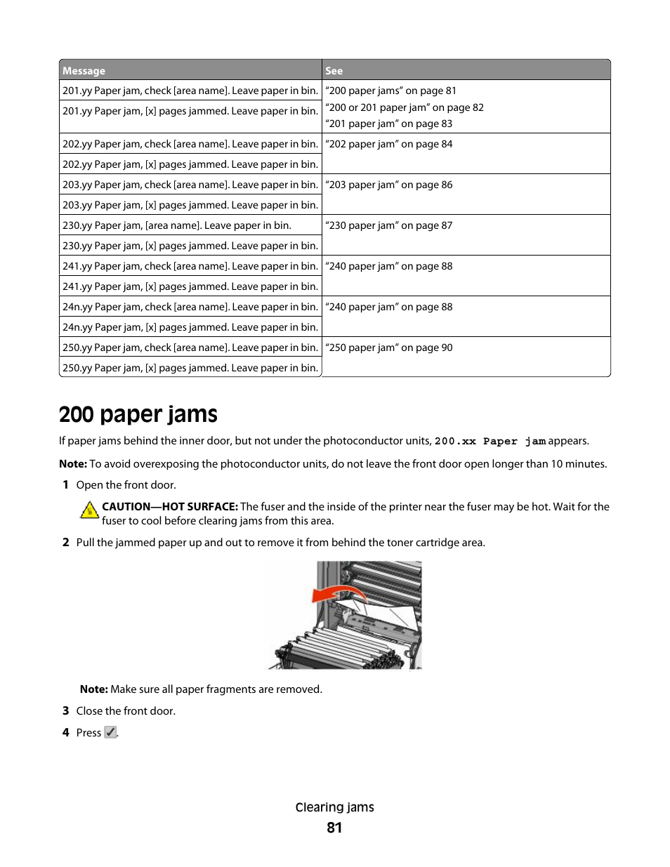 200 paper jams | Lexmark 280 User Manual | Page 81 / 217