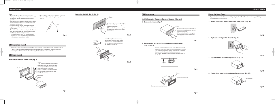 Removing the unit, English> installation, Din front/rear-mount | Din front-mount, Din rear-mount, Fixing the front panel, Installation with the rubber bush (fig. 4), Removing the unit (fig. 5) (fig. 6) | Pioneer DEH P4500MP User Manual | Page 49 / 56