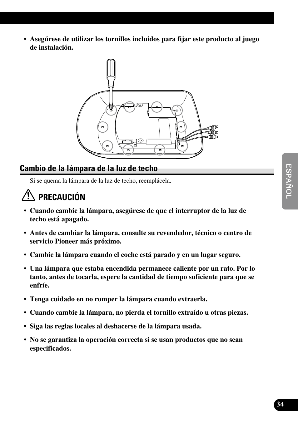 Cambio de la lámpara de la luz de techo, Precaución | Pioneer AVR-W6100 User Manual | Page 107 / 112