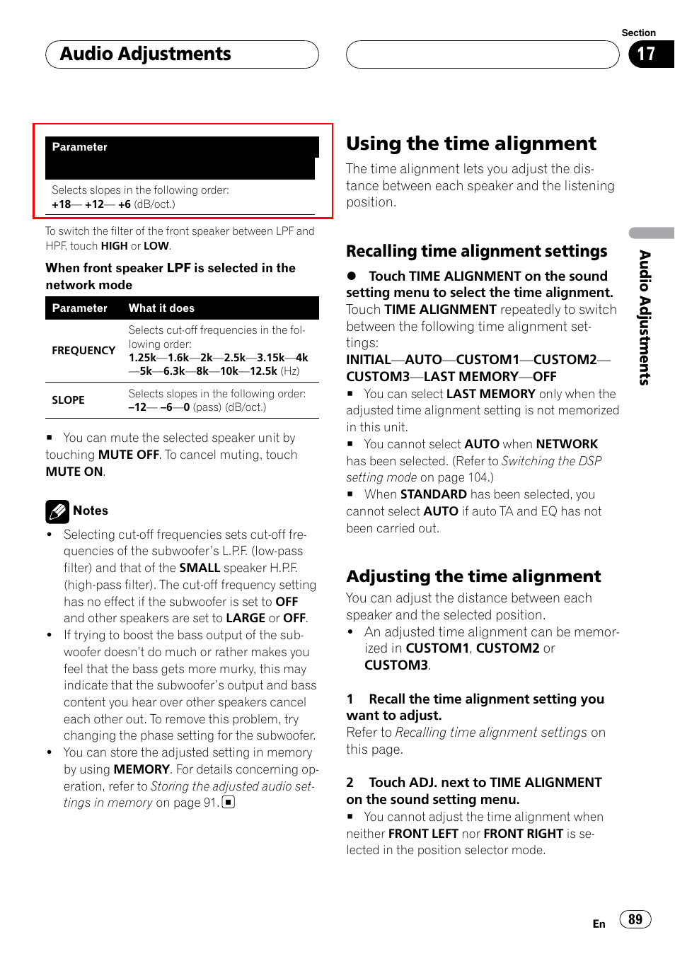 Using the time alignment, Adjusting the time alignment, Audio adjustments | Recalling time alignment settings | Pioneer SUPERTUNERIIID+ AVH-P7850DVD User Manual | Page 89 / 132