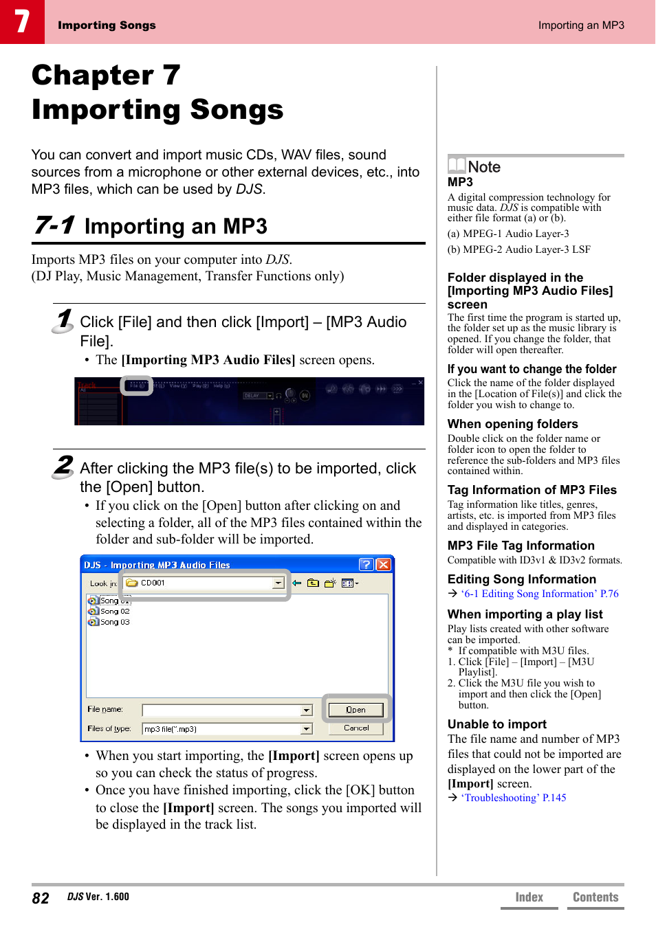 Chapter 7 importing songs, 1 importing an mp3, Importing an mp3 | 1 importing an mp3’ p.82 | Pioneer SVJ-DL01 User Manual | Page 82 / 156