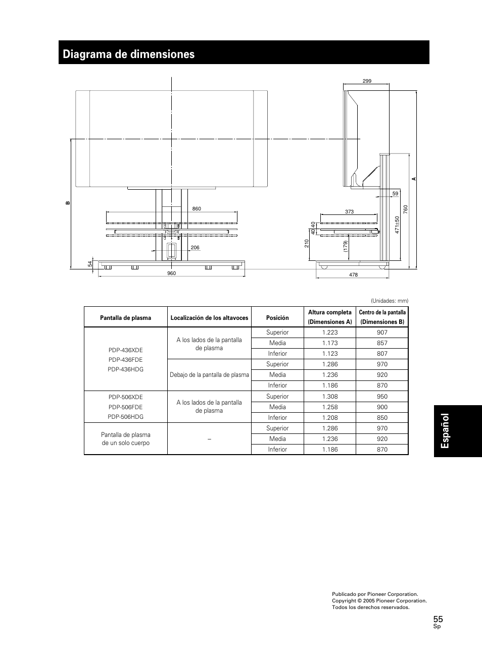 Diagrama de dimensiones, Espa ñ ol | Pioneer PDK-FS05 User Manual | Page 55 / 63