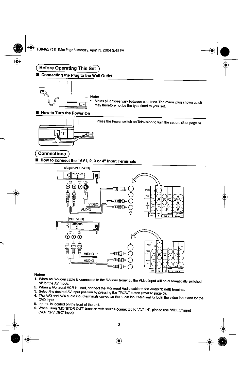 Connections, Before operating this set) | Panasonic TX-29F155A User Manual | Page 3 / 32