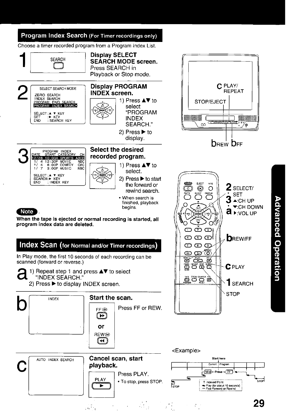 I qjgpigy select search mode screen, Display program index screen, Select the desired recorded program | Index sesn (for normal and/or timer recordings), Start the scan, Cancel scan, start playback | Panasonic PV C2020 User Manual | Page 29 / 52
