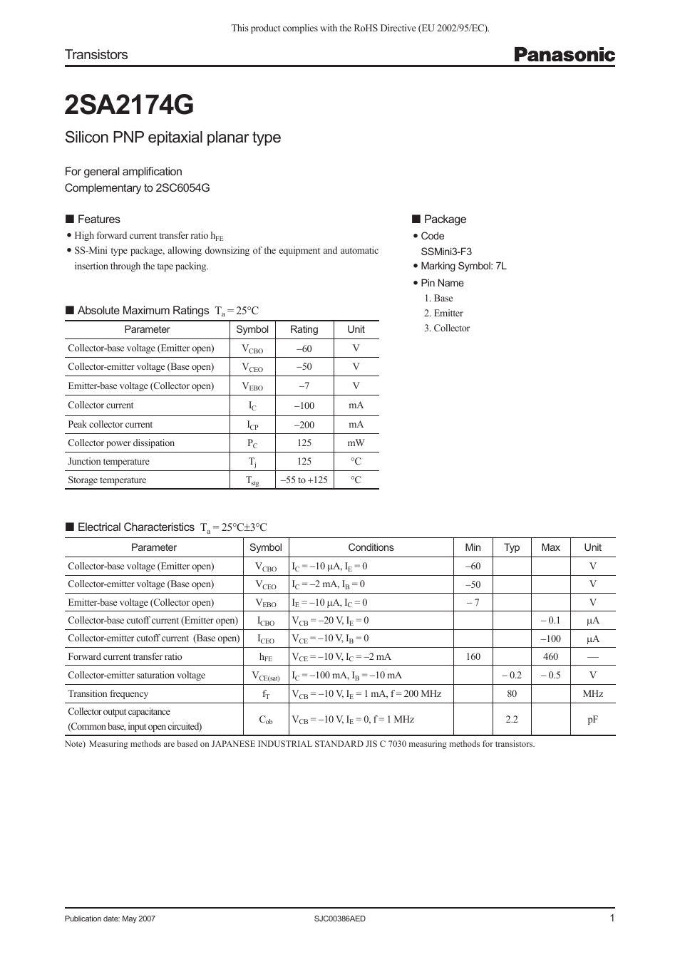 Panasonic 2SA2174G User Manual | 4 pages