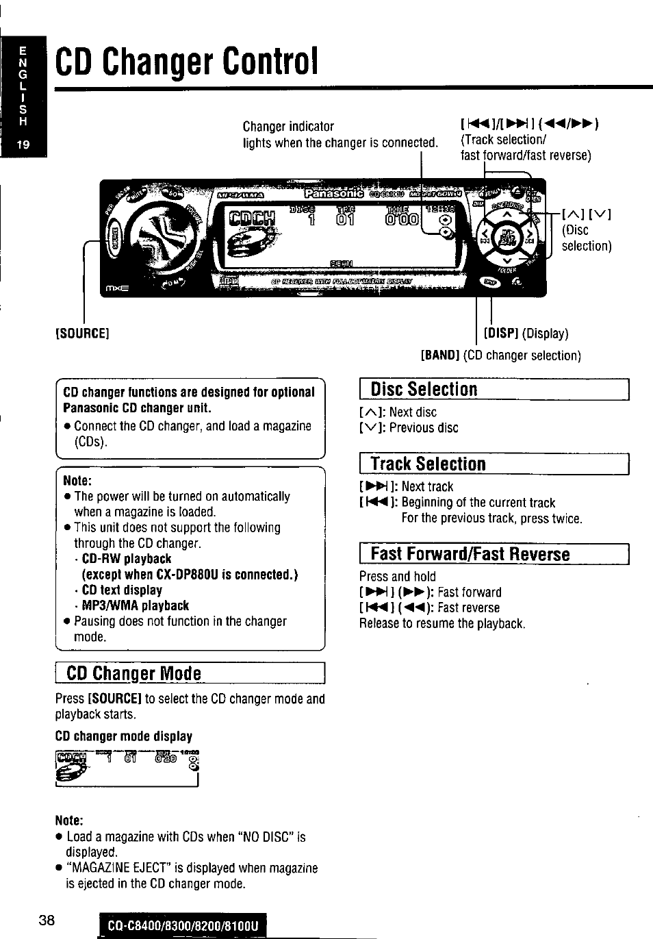 Cd changer control, Cd changer mode, Disc selection | Track selection, Fast forward/fast reverse | Panasonic CQ-C8300U User Manual | Page 38 / 176